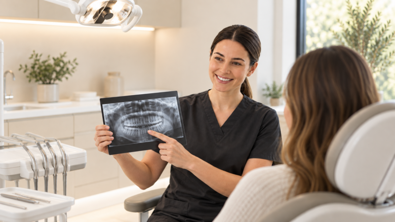 A dentist explaining an X-ray to a patient