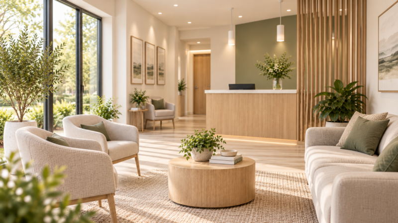The reception lounge with soft seating and natural light