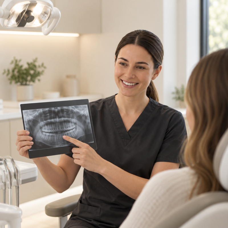 A dentist reviewing a dental X-ray